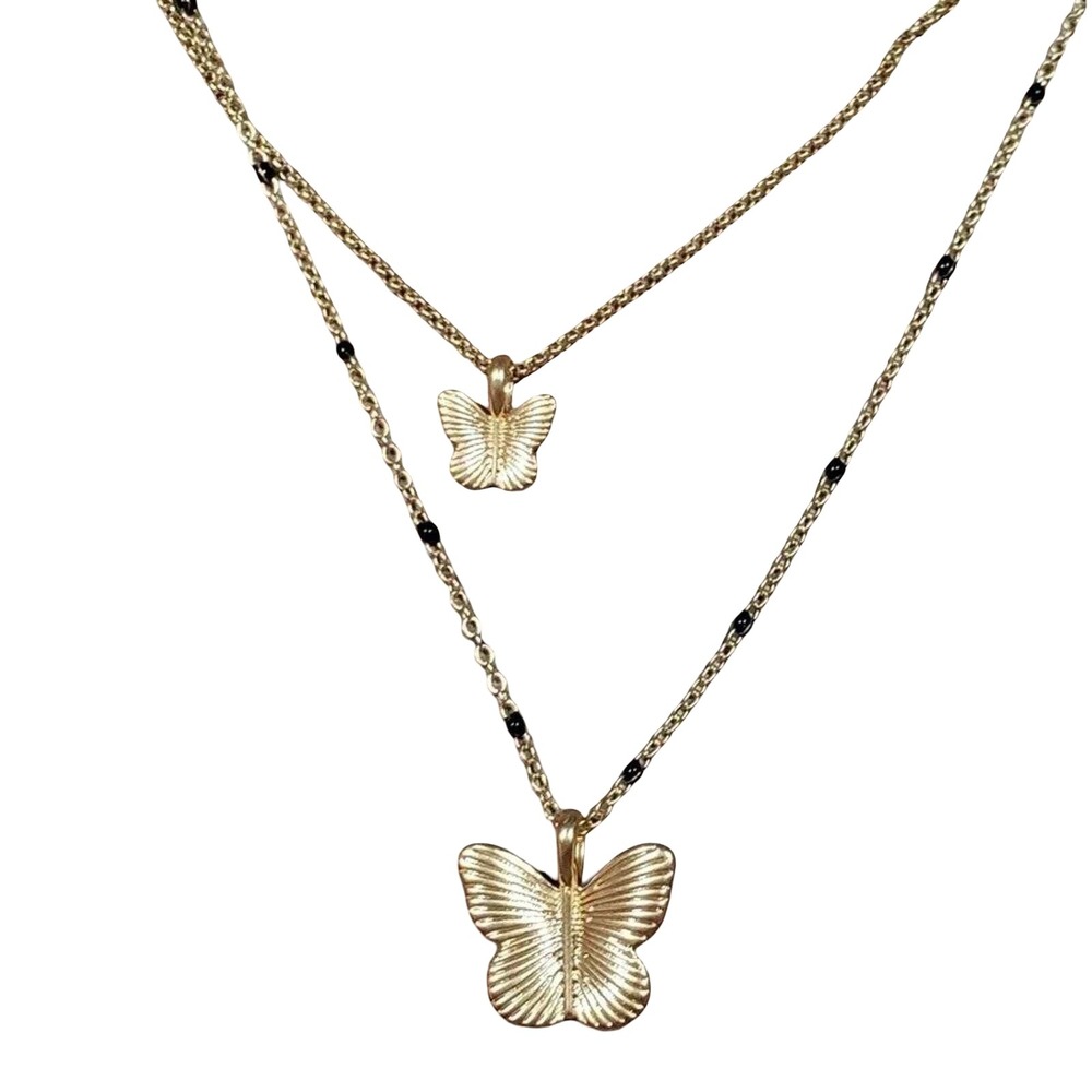 Lucky Brand Gold Tone Layered Butterfly Necklace Black Beaded Accent NWT‎